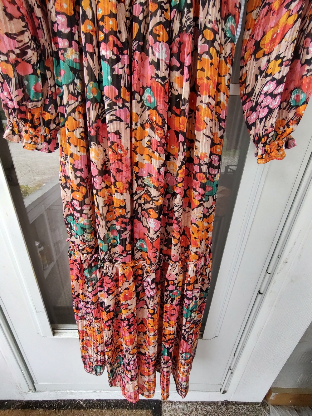 Umgee Floral Tiered Long Sleeve Maxi Dress - Pink Orange Floral - Picture 3 of 9
